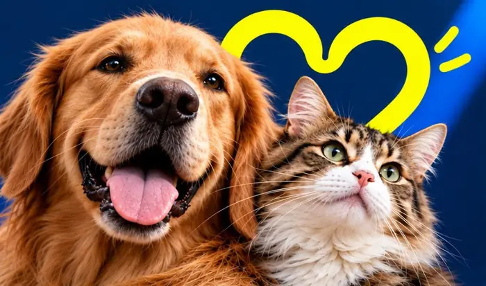 Perro golden y gato atigrado frente al corazón de Lulo Group