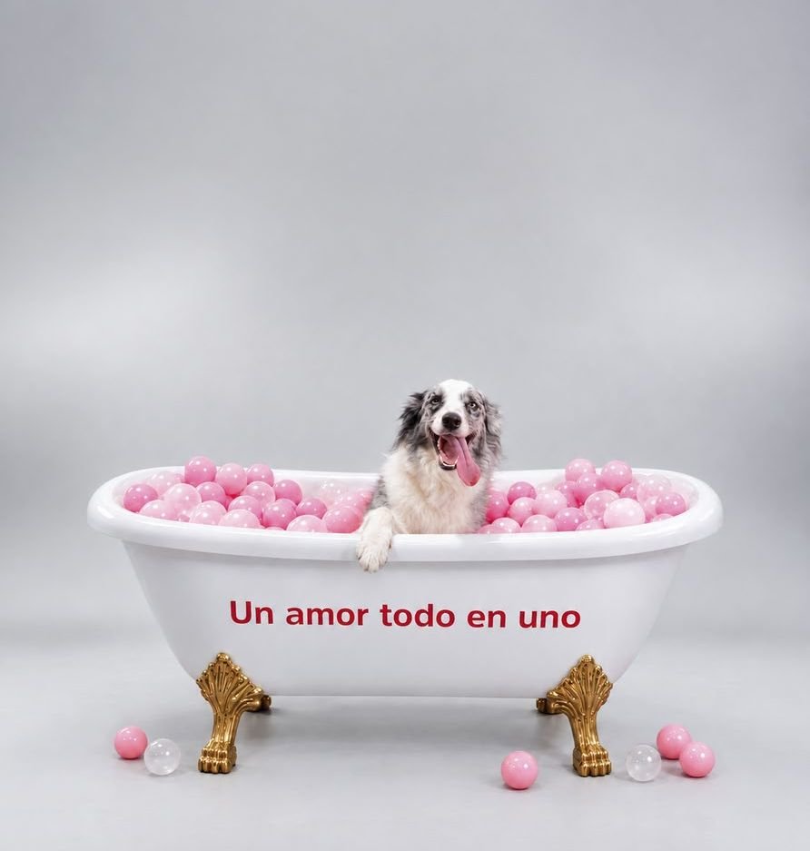 Perro en una tina de patas doradas con bolas rosadas y la frase Un amor todo en uno