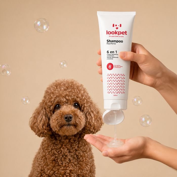 Shampoo 6 en 1 con quinoa Todas las Razas junto a un caniche marrón