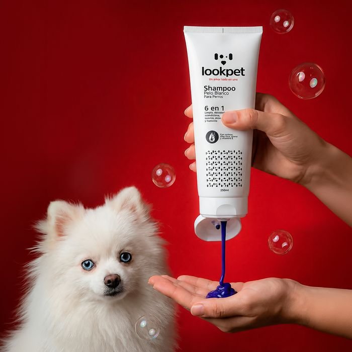 Shampoo 6 en 1 con quinoa Pelo Blanco junto a un pomerania blanco