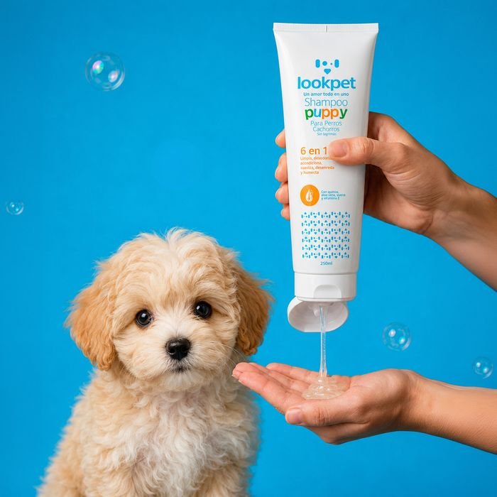 Shampoo 6 en 1 con quinoa Puppy junto a un cachorro