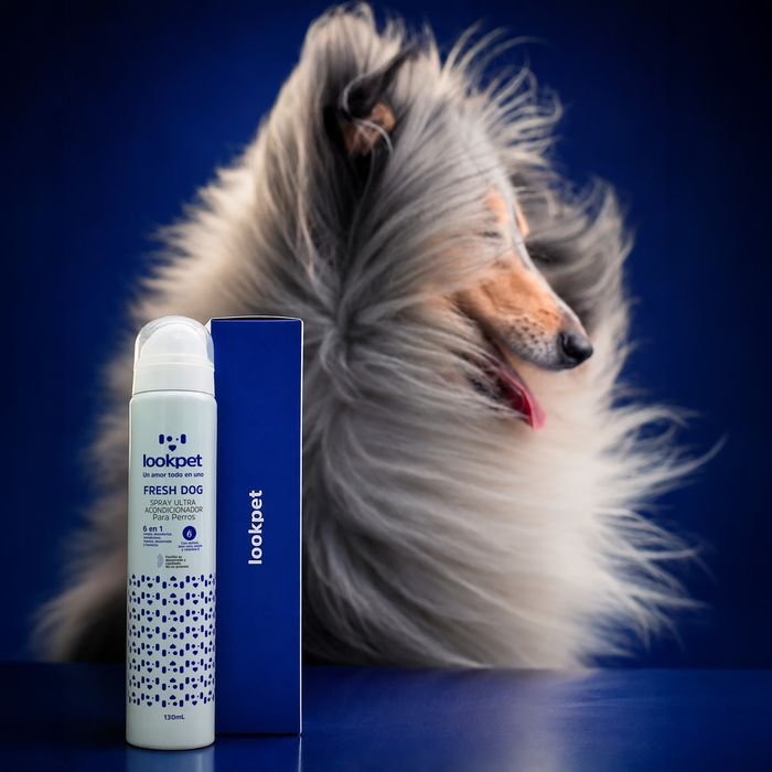 Fresh Dog Spray Ultra Acondicionador junto a un collie con el pelo al viento